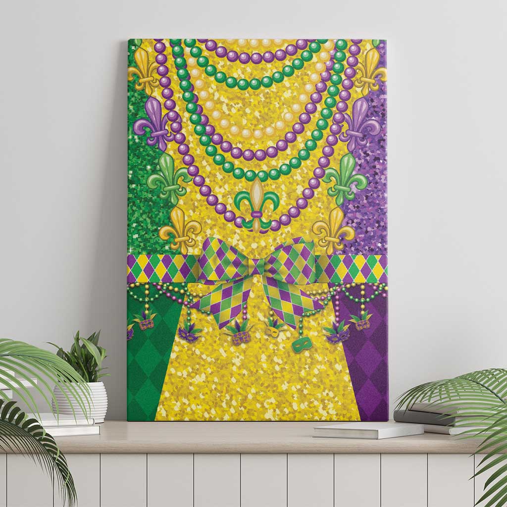 Canvas wall art of beaded necklace with fleur-de-lis accents, purple and green tones