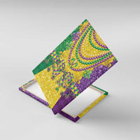 Canvas wall art, angled view, beaded fleur-de-lis necklace pattern in green and purple