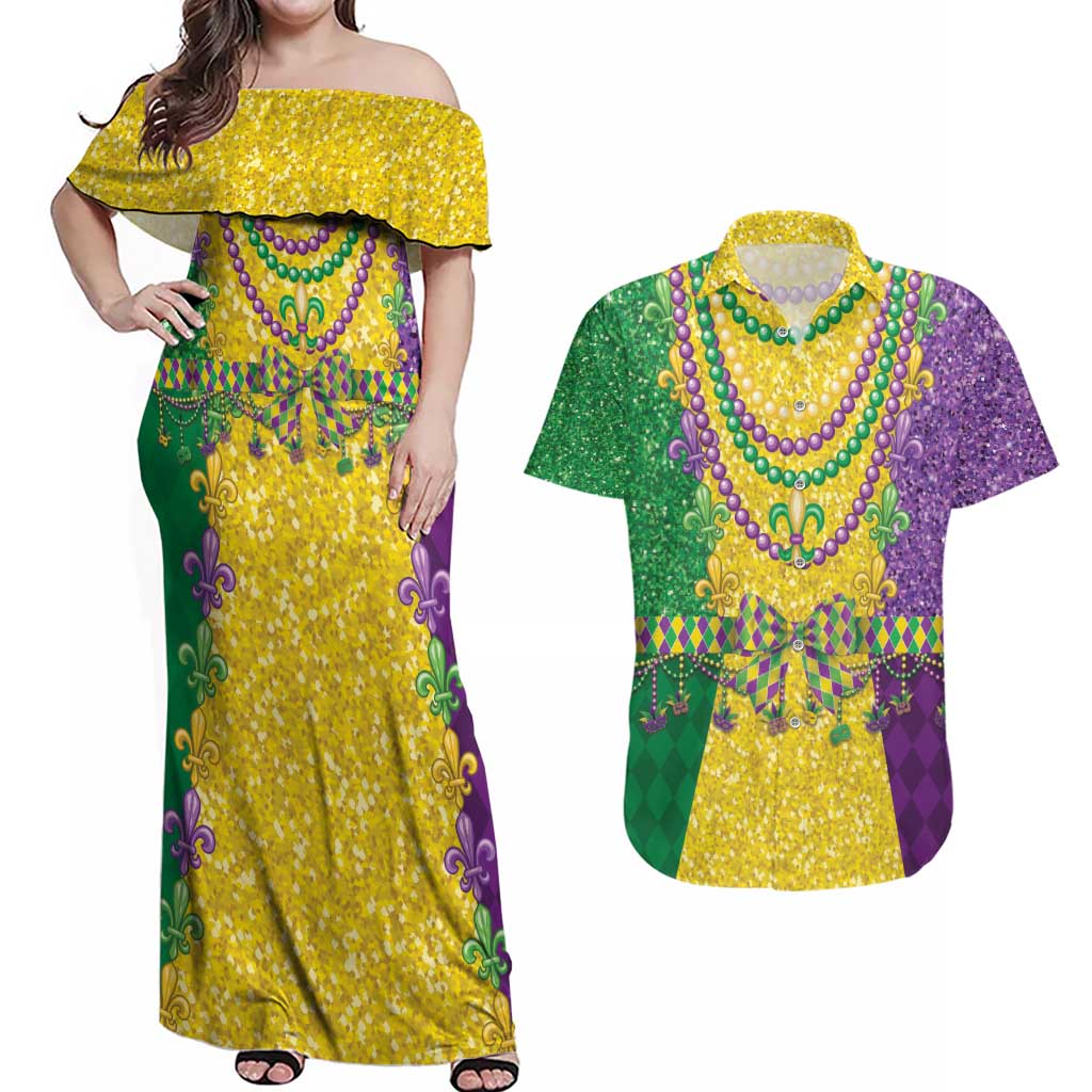 Mardi Gras Couples Matching Off Shoulder Maxi Dress and Hawaiian Shirt Beadeds Necklace With Fleur De Lis - Wonder Print Shop