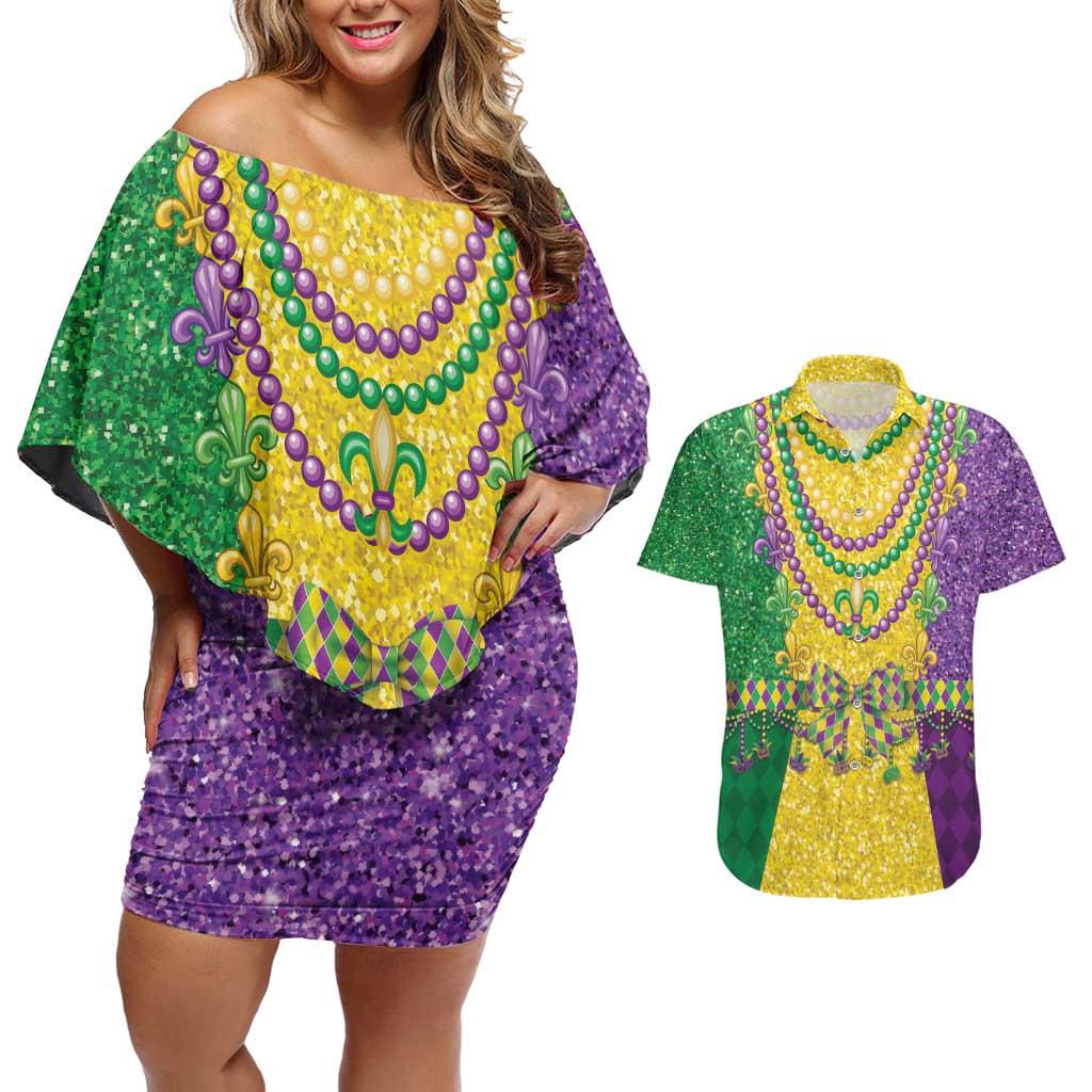 Mardi Gras Couples Matching Off Shoulder Short Dress and Hawaiian Shirt Beadeds Necklace With Fleur De Lis - Wonder Print Shop