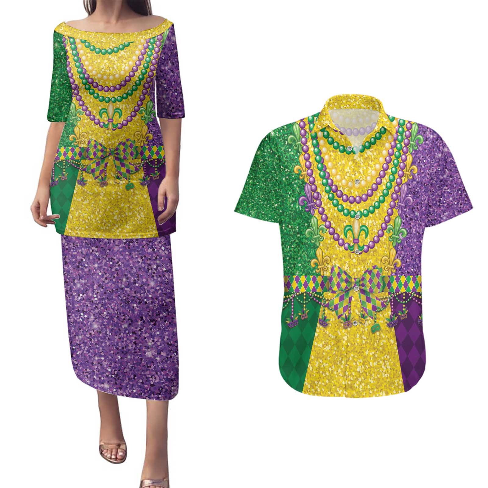 Mardi Gras Couples Matching Puletasi and Hawaiian Shirt Beadeds Necklace With Fleur De Lis - Wonder Print Shop