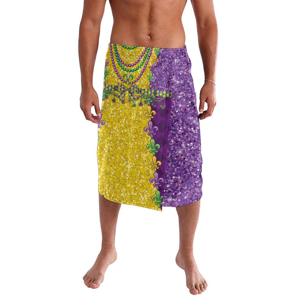 Purple and gold sequined skirt with fleur-de-lis beadwork and green accents, wrap style
