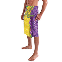 Purple and gold sequined wrap skirt with green fleur-de-lis beadwork along hem