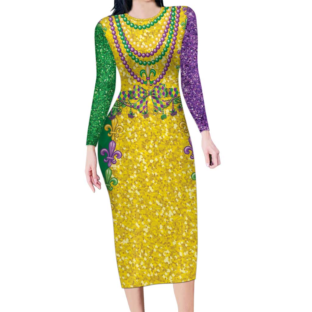 Mardi Gras Long Sleeve Bodycon Dress Beadeds Necklace With Fleur De Lis - Wonder Print Shop