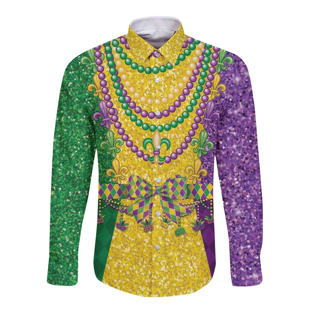 Mardi Gras Long Sleeve Button Shirt Beadeds Necklace With Fleur De Lis - Wonder Print Shop