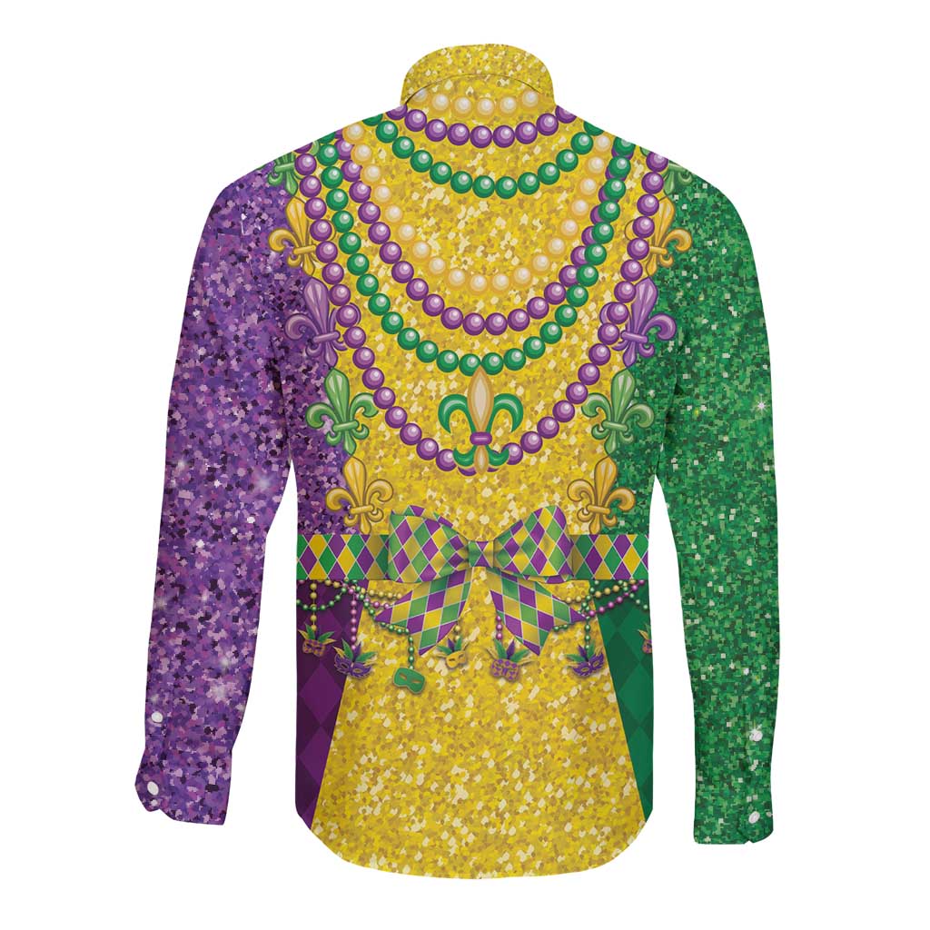 Beaded long-sleeve button shirt with green and purple panels, gold center