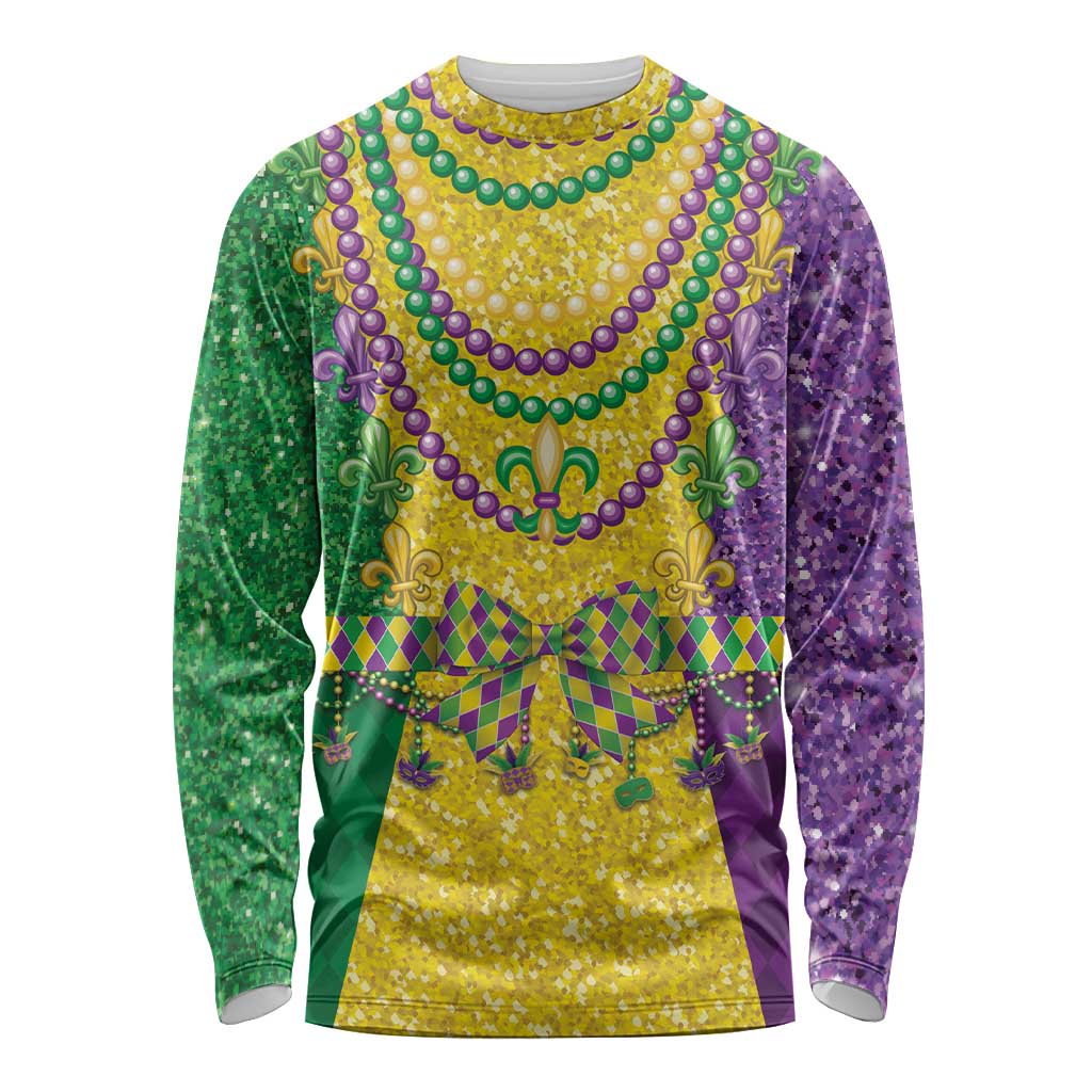 Unisex long sleeve shirt with gold, green, and purple Mardi Gras bead necklace print