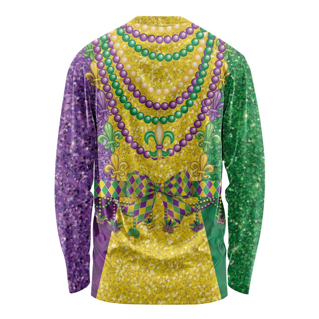 Unisex long sleeve shirt with centered Mardi Gras bead necklace print in gold, green, purple