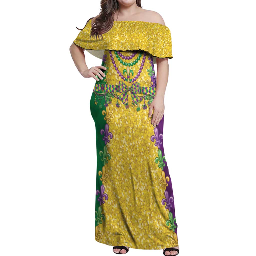 Mardi Gras Off Shoulder Maxi Dress Beadeds Necklace With Fleur De Lis - Wonder Print Shop