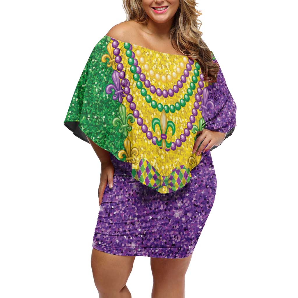 Mardi Gras Off Shoulder Short Dress Beadeds Necklace With Fleur De Lis - Wonder Print Shop