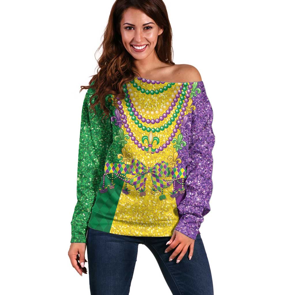 Mardi Gras Off Shoulder Sweater Beadeds Necklace With Fleur De Lis