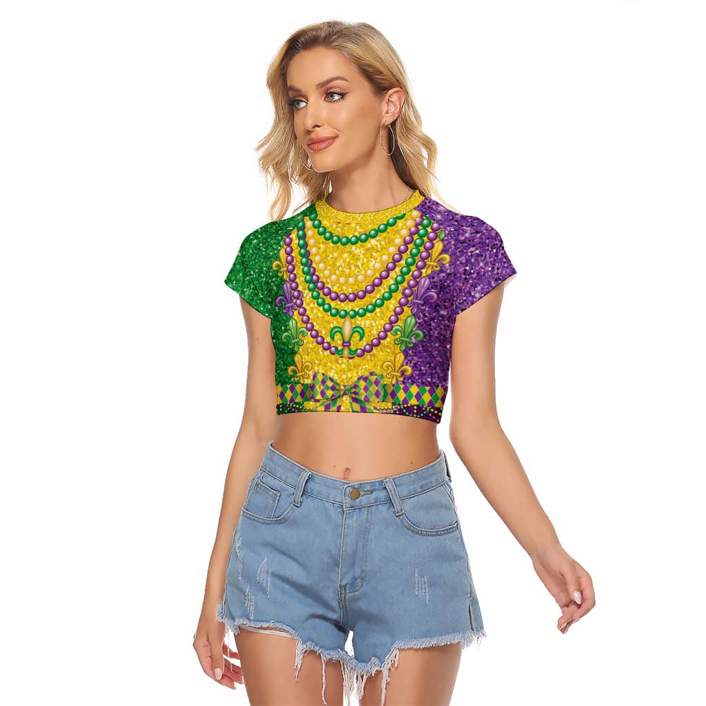 Mardi Gras Raglan Cropped T Shirt Beadeds Necklace With Fleur De Lis - Wonder Print Shop