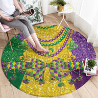 Round Mardi Gras rug with circular bead trim, diamond center band, and fleur-de-lis
