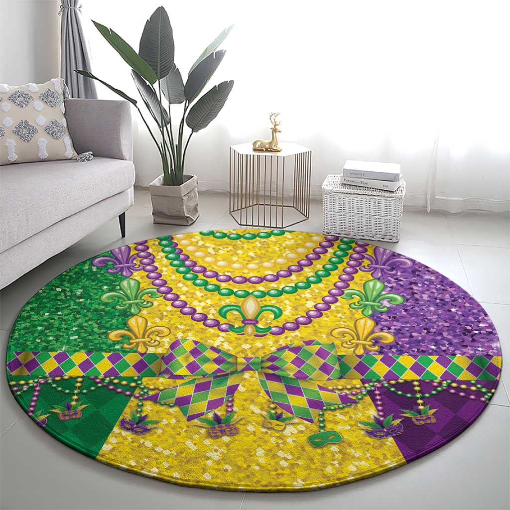 Round Mardi Gras bead-pattern rug with gold center, green and purple fleur-de-lis details