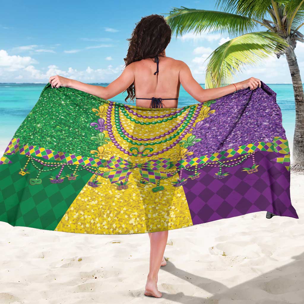 Mardi Gras sequin sarong with fleur-de-lis motifs in green, purple, and gold panels