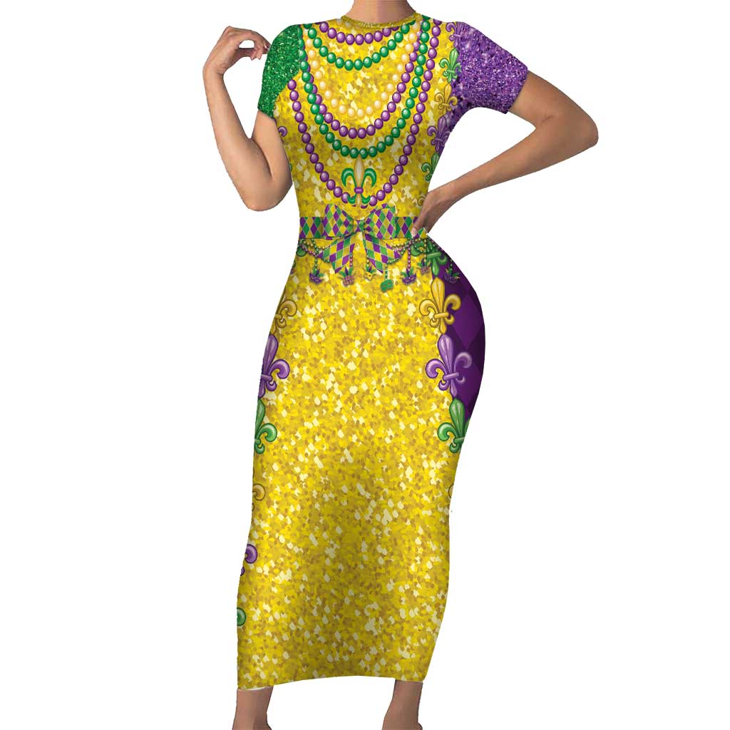 Mardi Gras Short Sleeve Bodycon Dress Beadeds Necklace With Fleur De Lis - Wonder Print Shop