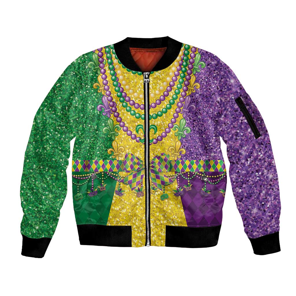 Mardi Gras Sleeve Zip Bomber Jacket Beadeds Necklace With Fleur De Lis - Wonder Print Shop