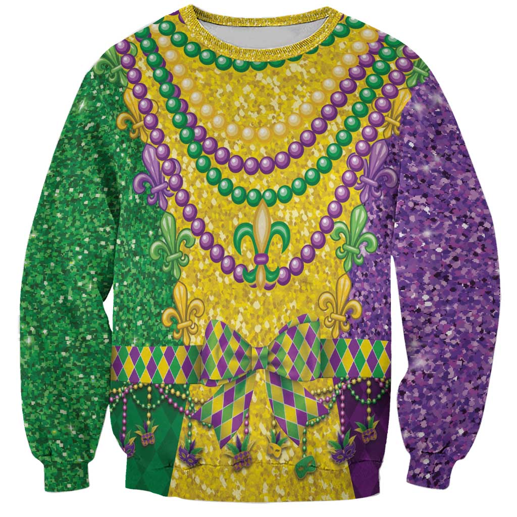 Crewneck sweatshirt with Mardi Gras bead necklace and fleur-de-lis graphic, purple green gold