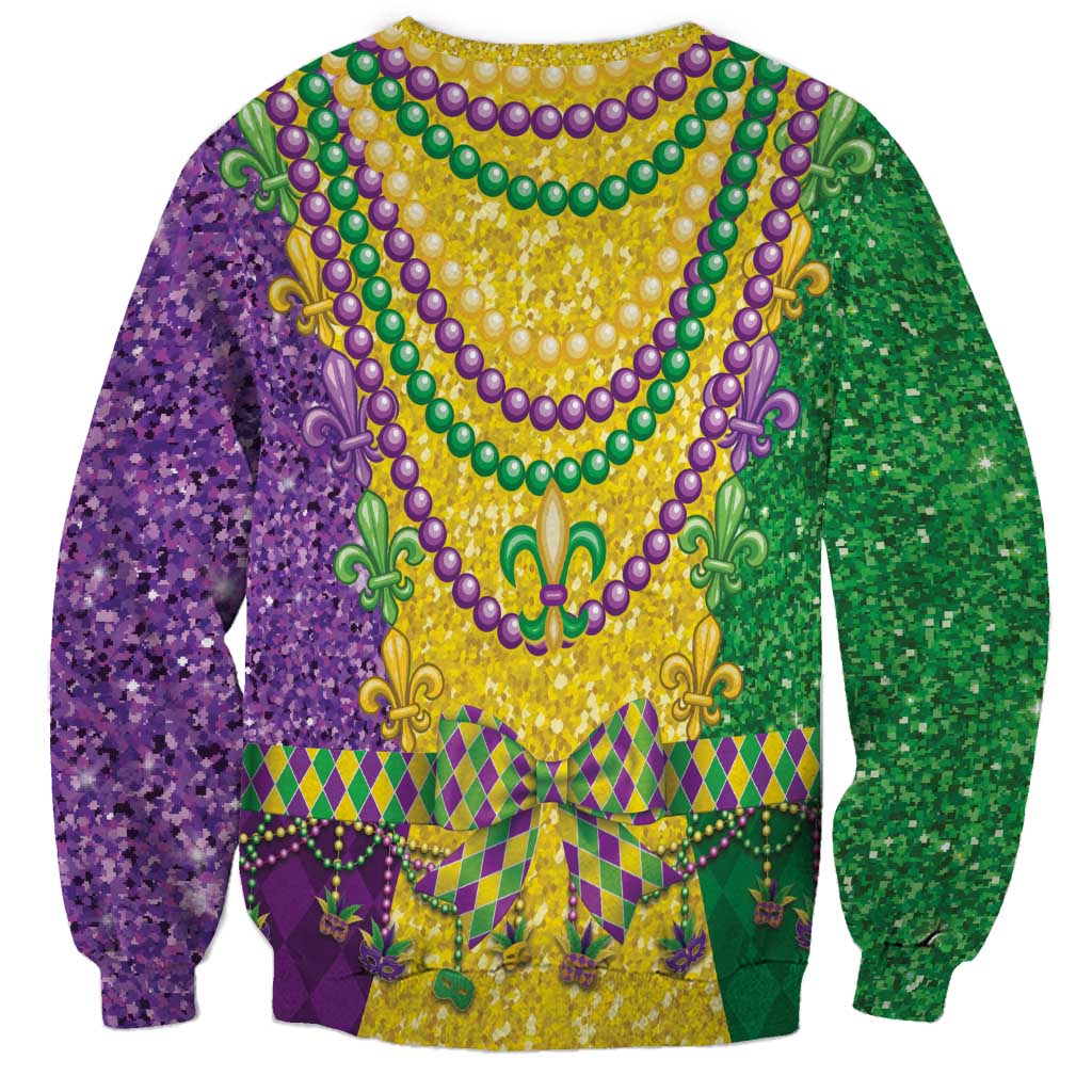 Back view crewneck sweatshirt with green purple gold bead necklace and fleur-de-lis pattern
