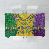 Mardi Gras tablecloth with purple, gold, and green panels and fleur-de-lis bead pattern