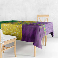 Mardi Gras tablecloth featuring purple and gold blocks with green diamond accents