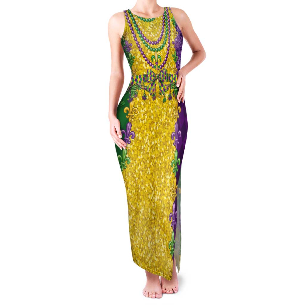 Mardi Gras Tank Maxi Dress Beadeds Necklace With Fleur De Lis - Wonder Print Shop