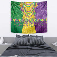 Mardi Gras beaded necklace tapestry with sparkly green, gold, and purple gradient panel