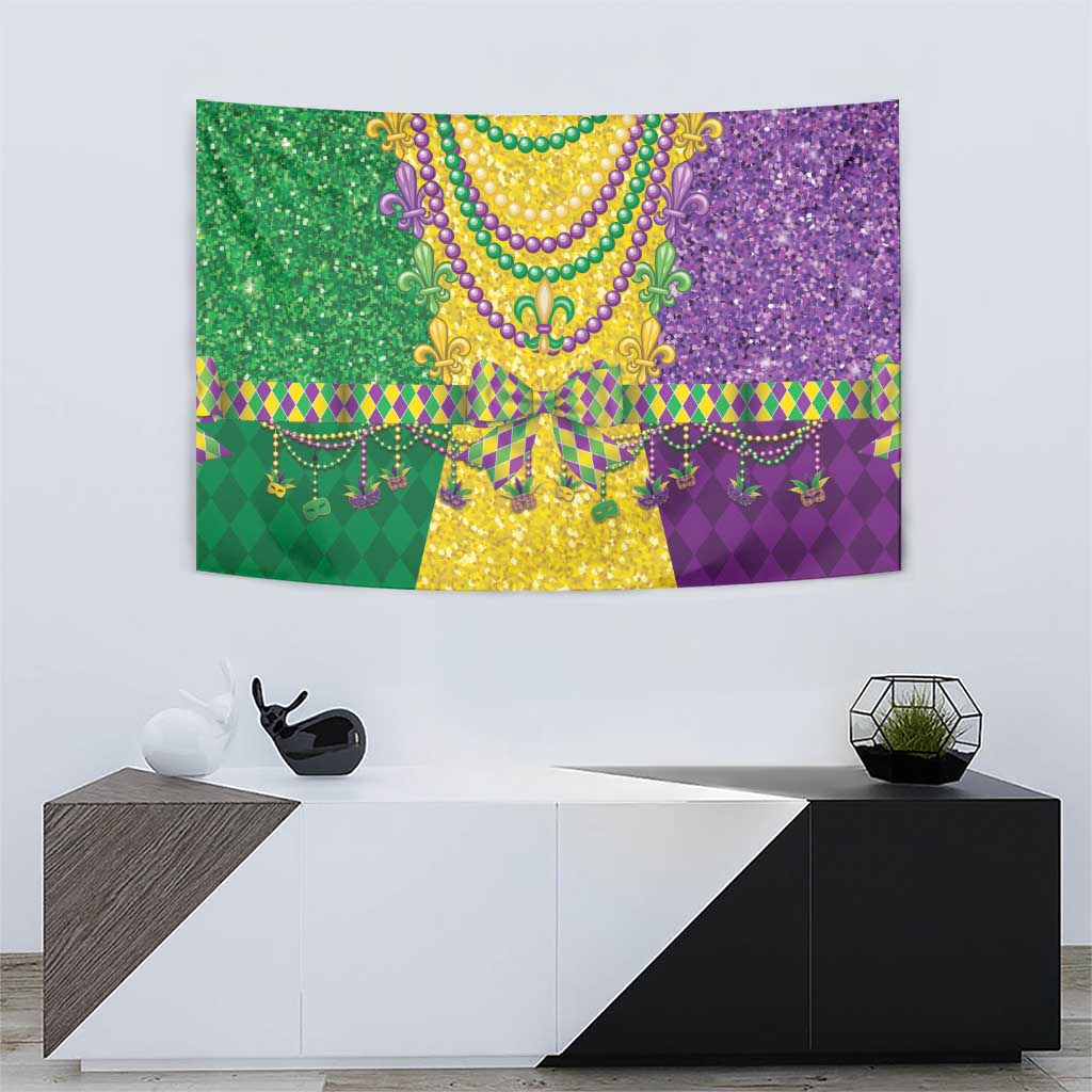 Mardi Gras beaded necklace wall tapestry featuring multicolor bead garland and fleur-de-lis