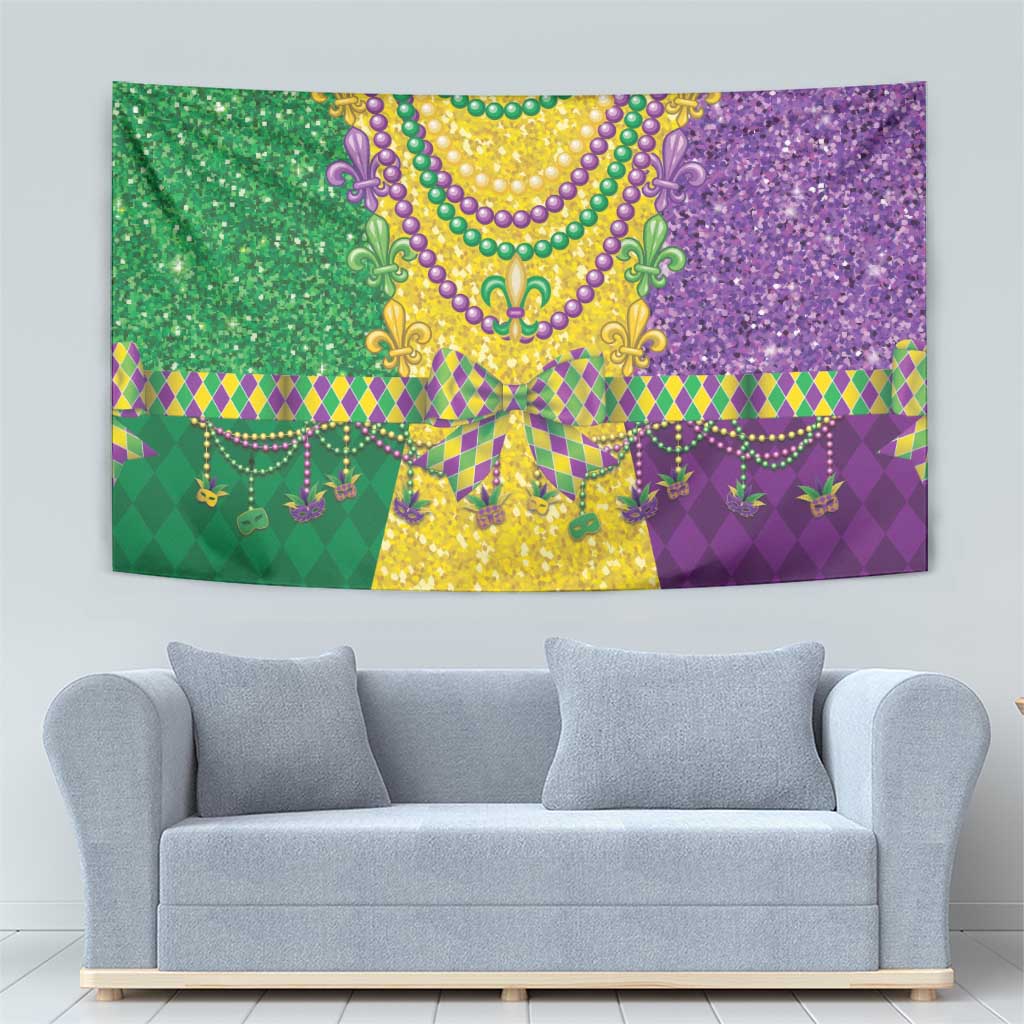 Mardi Gras beaded necklace tapestry with jeweled bead strands and purple-green diamond border