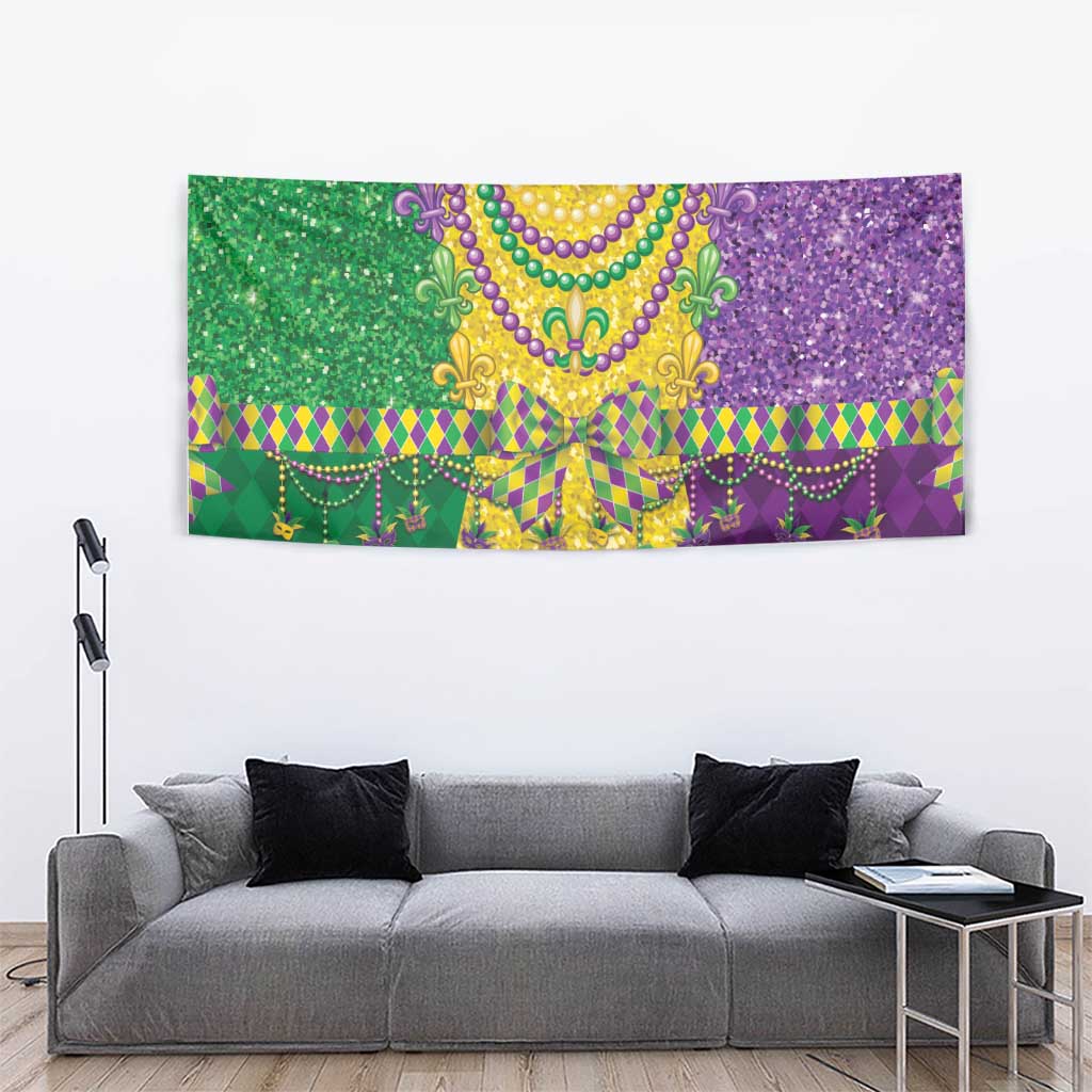 Mardi Gras sparkly bead garland tapestry with gold center and purple side panels