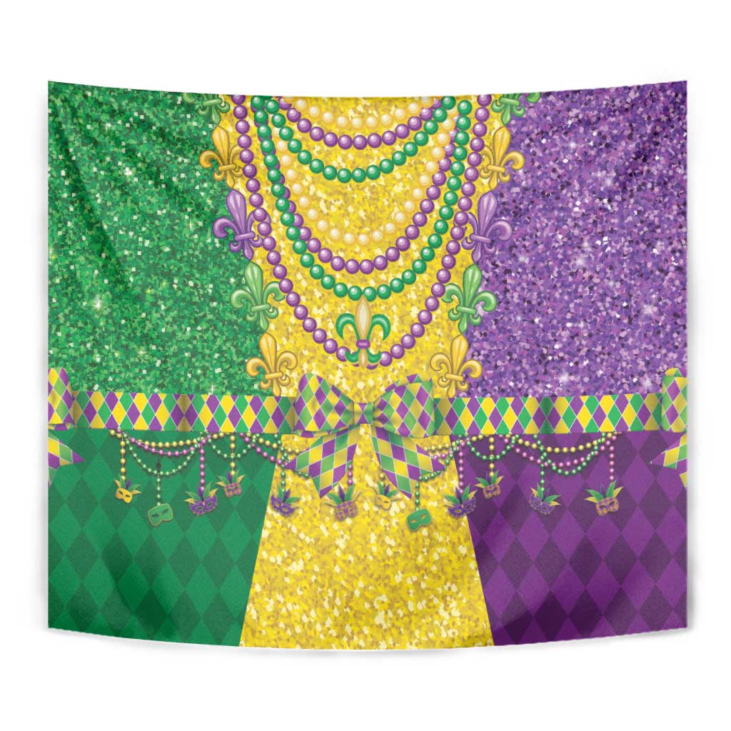 Mardi Gras beaded necklace tapestry close-up with pearl beads, gold shimmer, and purple fleur-de-lis