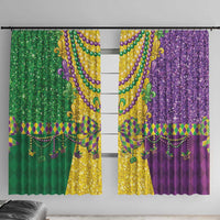 Mardi Gras window curtain panels in green, yellow, and purple with fleur-de-lis bead details