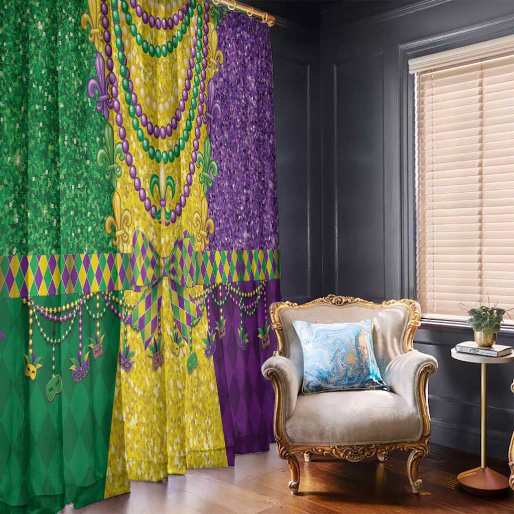 Mardi Gras window curtain panels with jeweled bead loops, fleur-de-lis motifs, and diamond trim