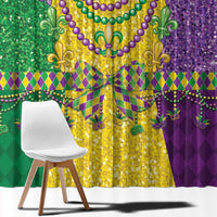 Mardi Gras curtain panel close-up with purple beaded garland, gold fleur-de-lis, and purple hem