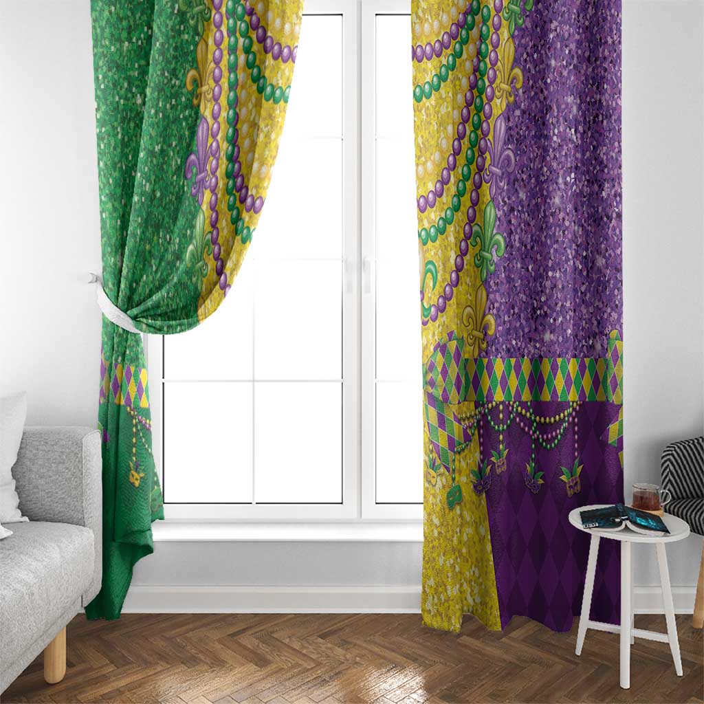 Mardi Gras curtain panels hanging beside a doorframe, green and purple with gold fleur-de-lis