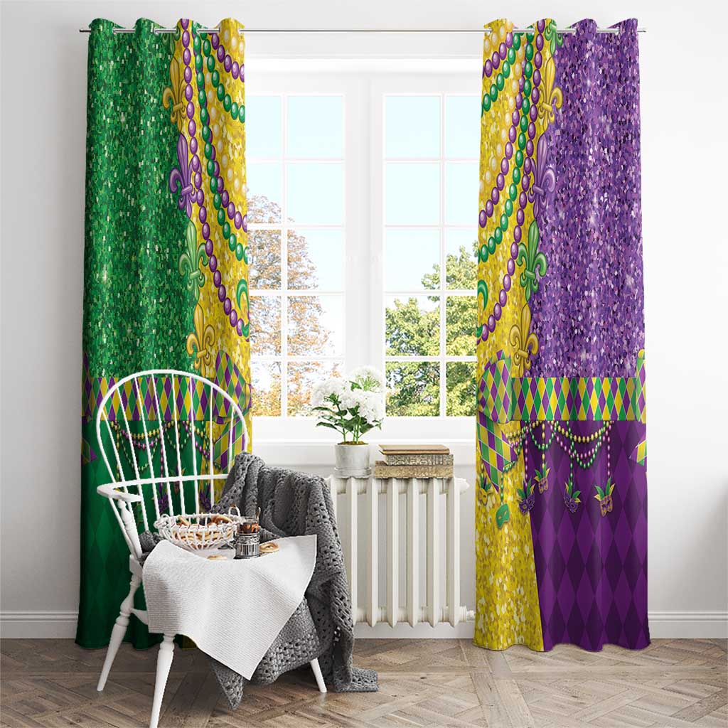 Mardi Gras curtain panels with green and purple glitter-like texture, gold fleur-de-lis beadwork