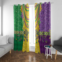 Mardi Gras window curtain panels with top rod and hook loops, green and purple fleur-de-lis design