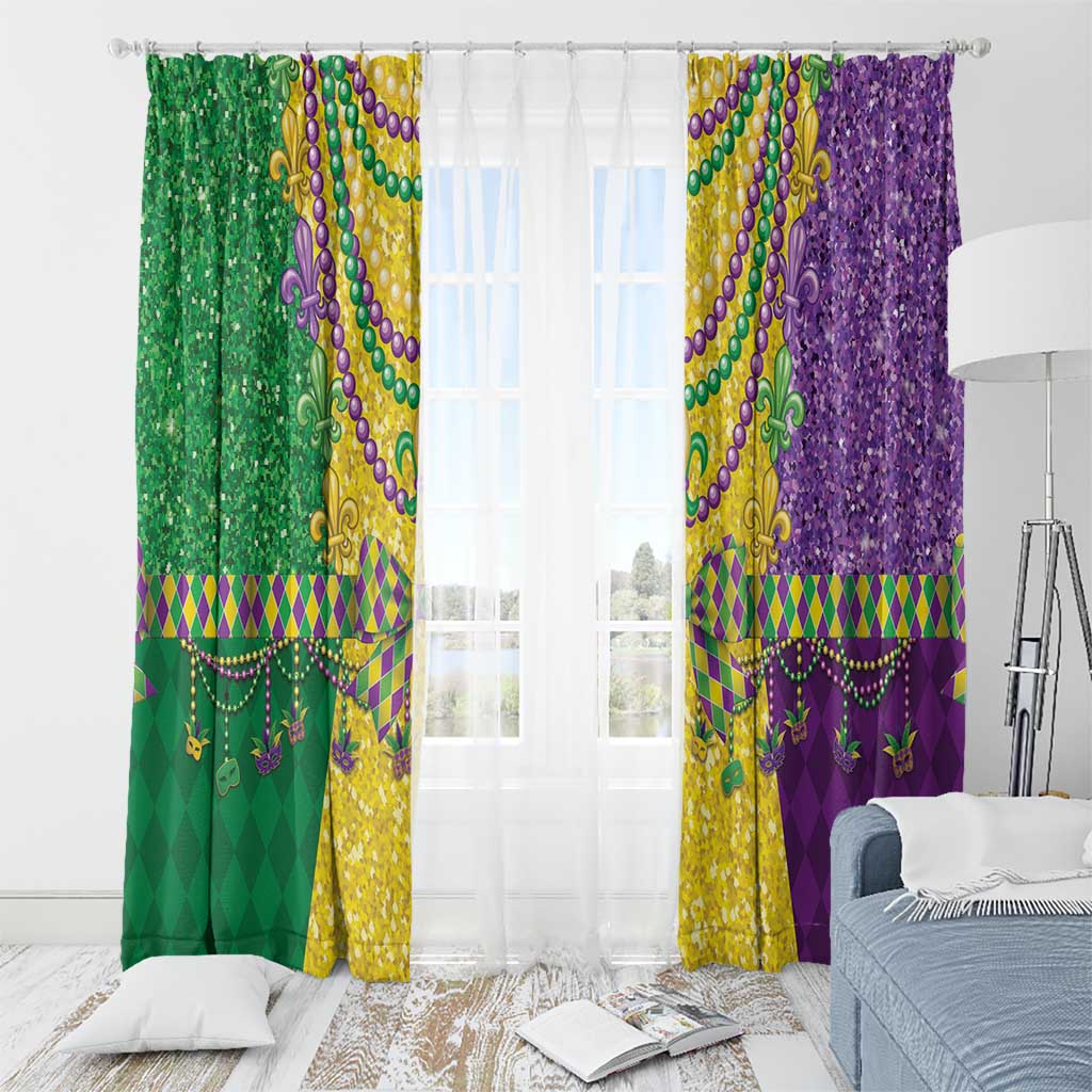 Mardi Gras curtain panels with bead garland and fleur-de-lis motifs, green and purple with trim