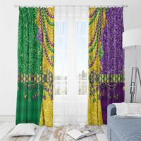Mardi Gras curtain panels with bead garland and fleur-de-lis motifs, green and purple with trim