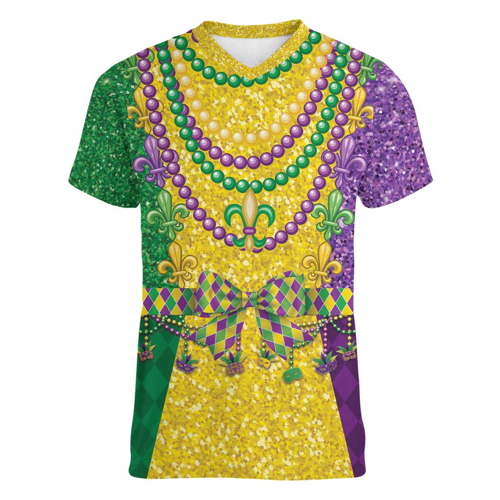 Mardi Gras Women V-Neck T-Shirt Beadeds Necklace With Fleur De Lis - Wonder Print Shop