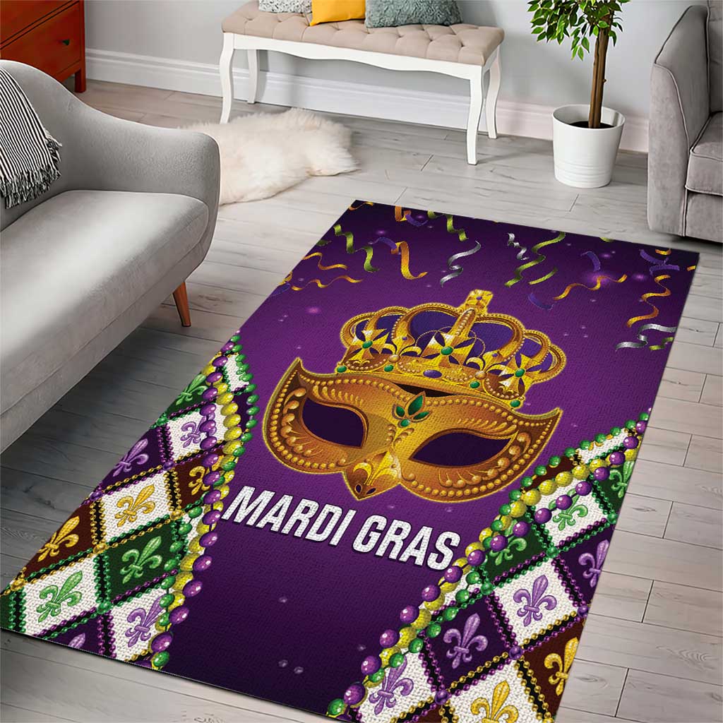 Purple Mardi Gras area rug with gold crown mask, fleur de lis border, and MARDI GRAS text