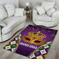 Purple Mardi Gras area rug with gold mask design, bead-like trim, and MARDI GRAS lettering