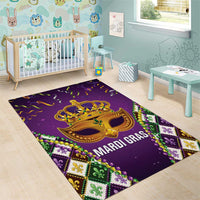 Purple Mardi Gras area rug with gold mask centerpiece and fleur de lis border details