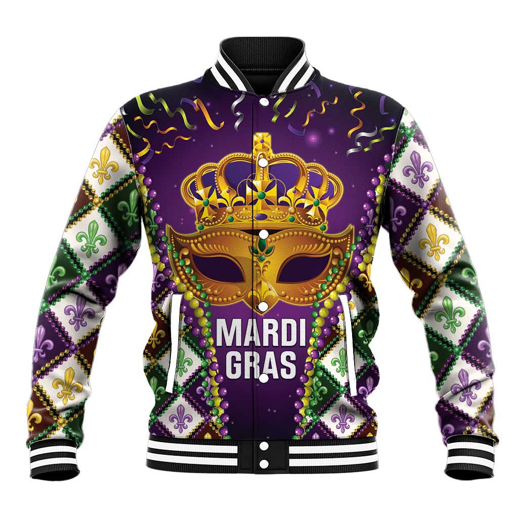 Purple baseball jacket with fleur-de-lis sleeves, beaded gold crown and mask graphic