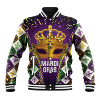 Purple baseball jacket with fleur-de-lis sleeves, beaded gold crown and mask graphic