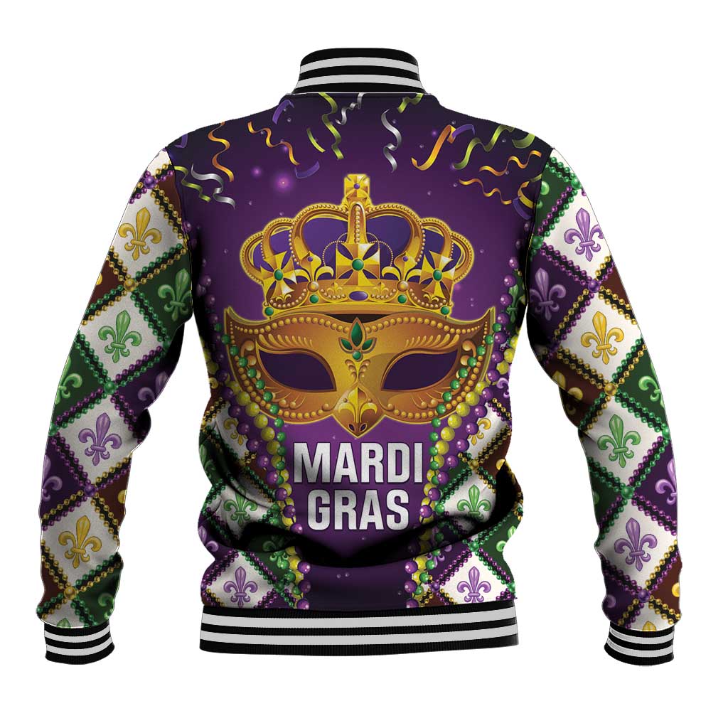 Back of purple baseball jacket with beaded gold crown, mask graphic and MARDI GRAS text