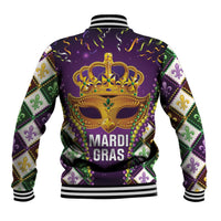 Back of purple baseball jacket with beaded gold crown, mask graphic and MARDI GRAS text