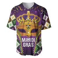 Purple Mardi Gras baseball jersey with jeweled crown and masquerade mask, 'MARDI GRAS'