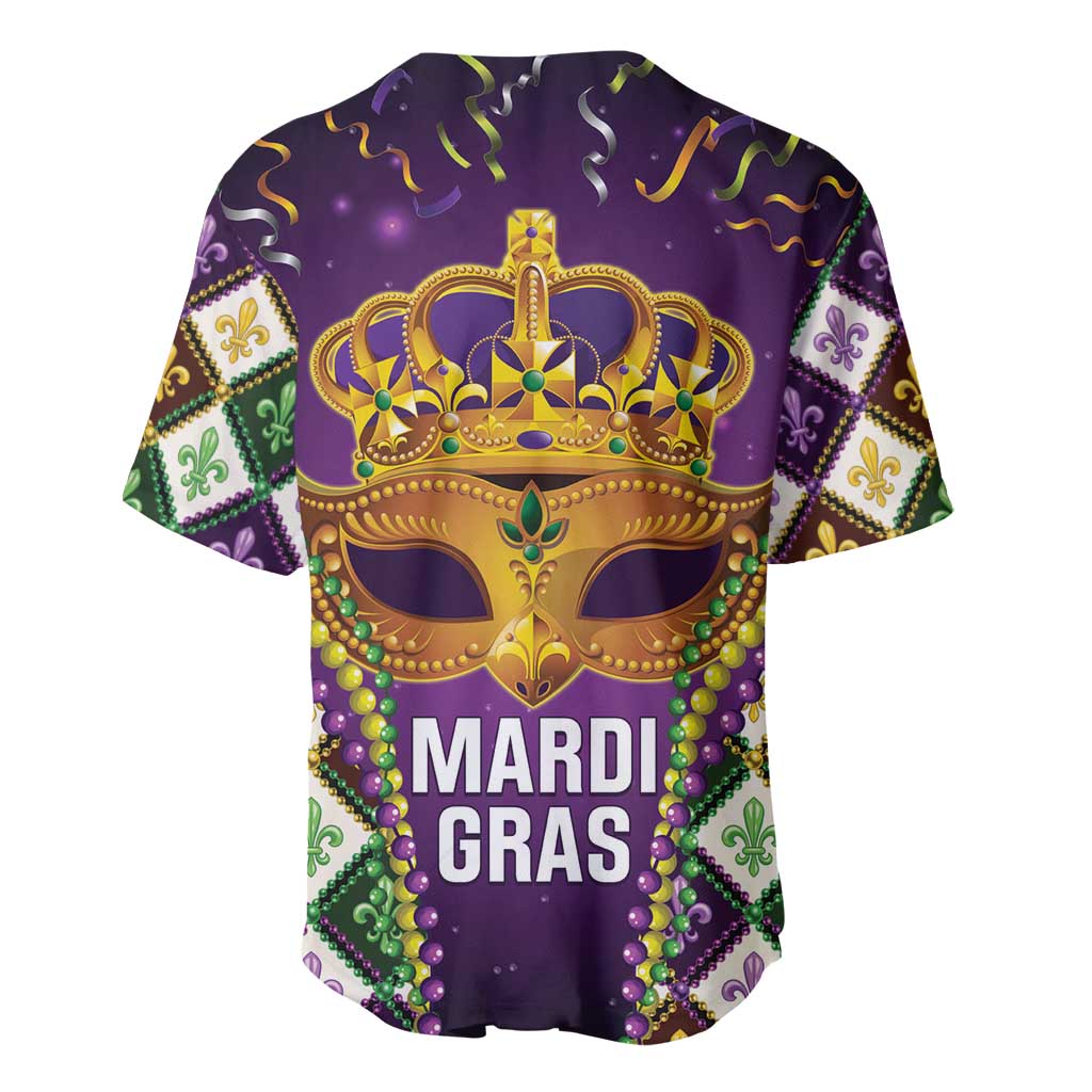 Purple Mardi Gras baseball jersey with gold crown mask design and centered 'MARDI GRAS'