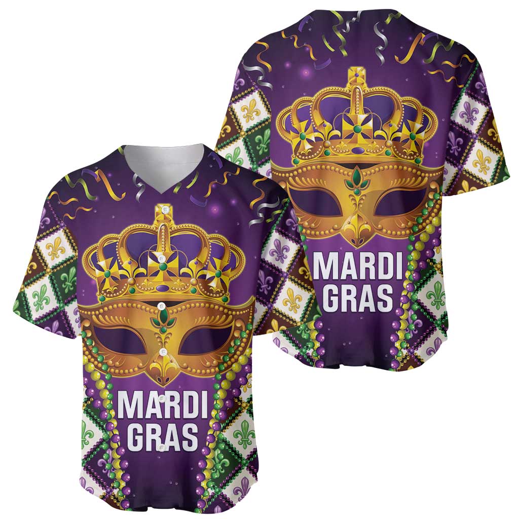 Purple Mardi Gras baseball jersey set with jeweled crown mask and 'MARDI GRAS' text